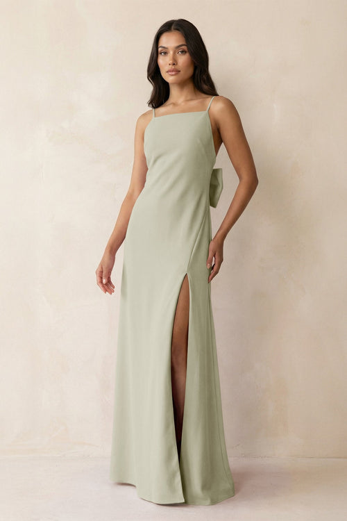Spaghetti Strap Sheath Satin Bridesmaid Dress with Bow in Frost - KissProm Bridesmaid Dresses