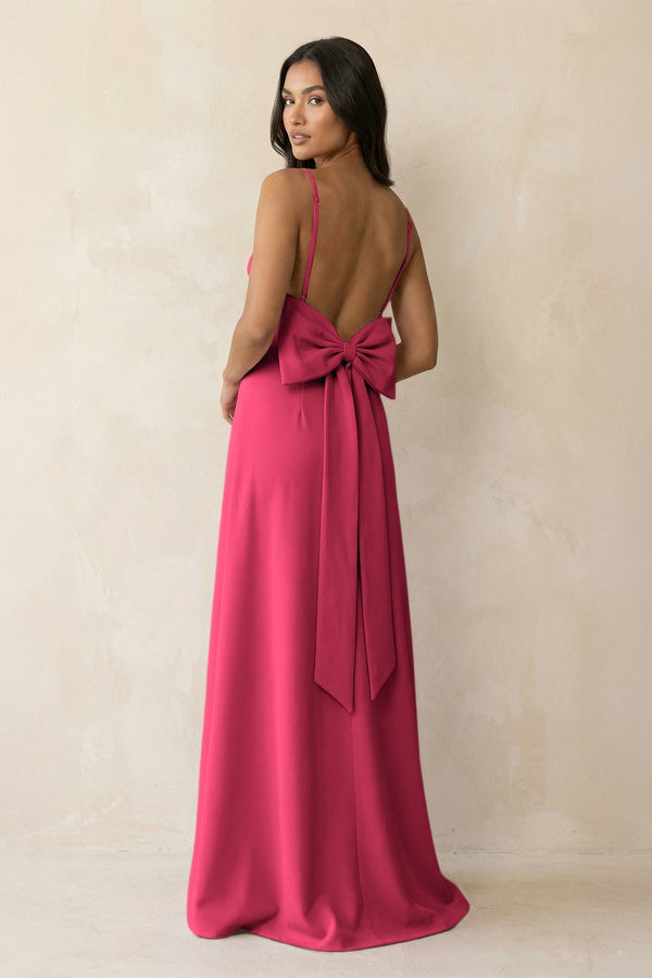 Spaghetti Strap Sheath Satin Bridesmaid Dress with Bow in Fuchsia - KissProm Bridesmaid Dresses