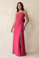 Spaghetti Strap Sheath Satin Bridesmaid Dress with Bow in Fuchsia - KissProm Bridesmaid Dresses