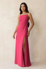 Spaghetti Strap Sheath Satin Bridesmaid Dress with Bow in Fuchsia - KissProm Bridesmaid Dresses