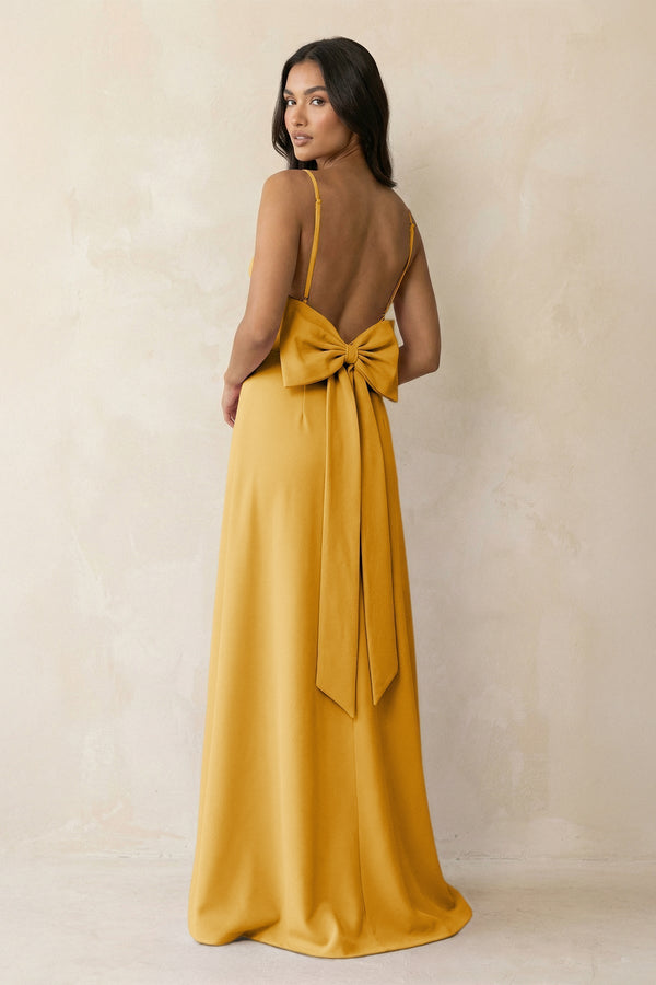 Spaghetti Strap Sheath Satin Bridesmaid Dress with Bow in Gold - KissProm Bridesmaid Dresses