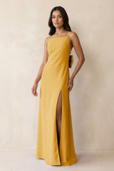 Spaghetti Strap Sheath Satin Bridesmaid Dress with Bow in Gold - KissProm Bridesmaid Dresses