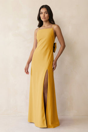 Spaghetti Strap Sheath Satin Bridesmaid Dress with Bow in Gold - KissProm Bridesmaid Dresses
