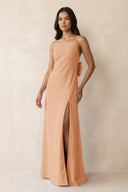 Spaghetti Strap Sheath Satin Bridesmaid Dress with Bow in Golden Champagne - KissProm Bridesmaid Dresses