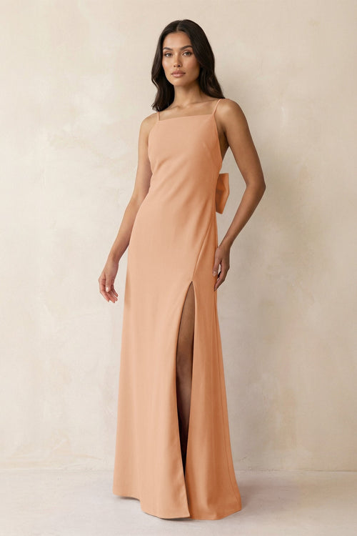 Spaghetti Strap Sheath Satin Bridesmaid Dress with Bow in Golden Champagne - KissProm Bridesmaid Dresses