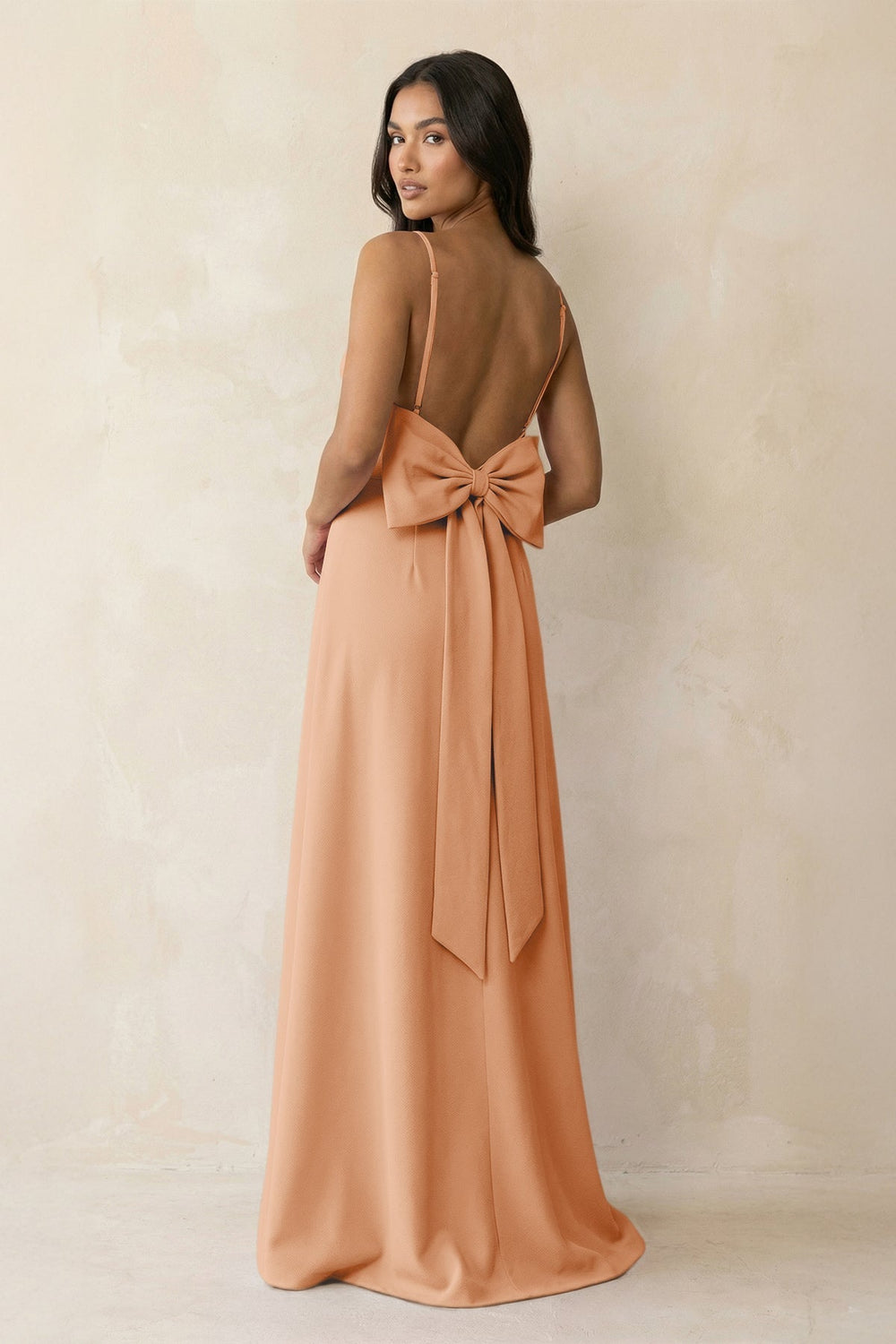 Spaghetti Strap Sheath Satin Bridesmaid Dress with Bow in Golden Champagne - KissProm Bridesmaid Dresses
