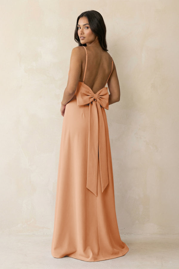 Spaghetti Strap Sheath Satin Bridesmaid Dress with Bow in Golden Champagne - KissProm Bridesmaid Dresses
