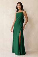 Spaghetti Strap Sheath Satin Bridesmaid Dress with Bow in Green - KissProm Bridesmaid Dresses