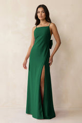 Spaghetti Strap Sheath Satin Bridesmaid Dress with Bow in Green - KissProm Bridesmaid Dresses
