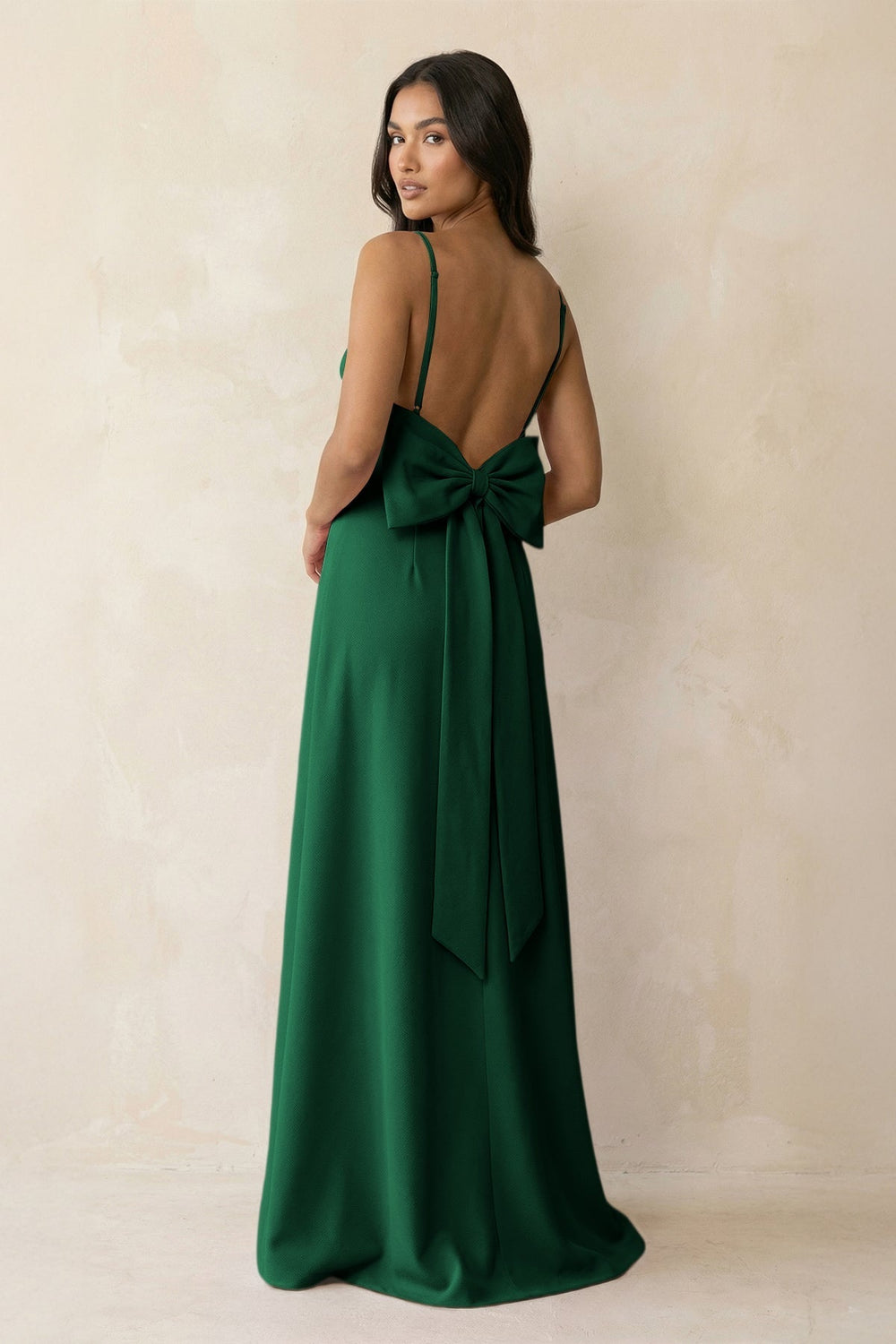 Spaghetti Strap Sheath Satin Bridesmaid Dress with Bow in Green - KissProm Bridesmaid Dresses