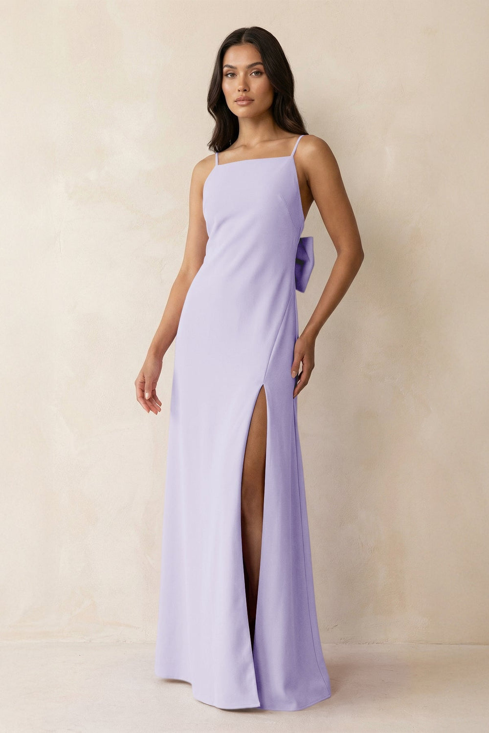 Spaghetti Strap Sheath Satin Bridesmaid Dress with Bow in Lavender - KissProm Bridesmaid Dresses