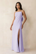 Spaghetti Strap Sheath Satin Bridesmaid Dress with Bow in Lavender - KissProm Bridesmaid Dresses