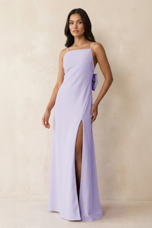 Spaghetti Strap Sheath Satin Bridesmaid Dress with Bow in Lavender - KissProm Bridesmaid Dresses