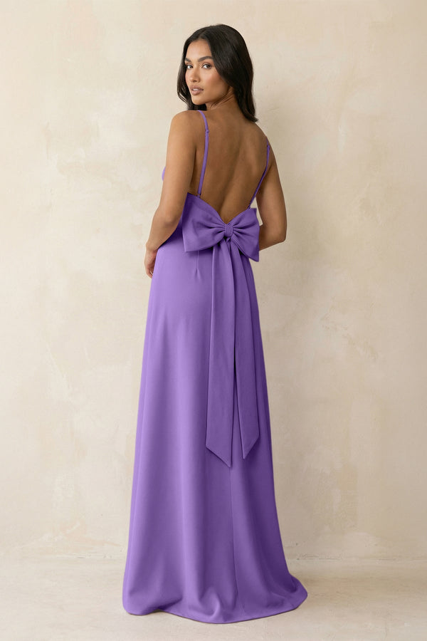 Spaghetti Strap Sheath Satin Bridesmaid Dress with Bow in Lilac - KissProm Bridesmaid Dresses