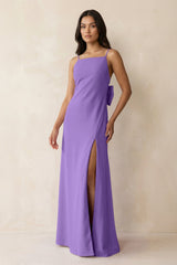 Spaghetti Strap Sheath Satin Bridesmaid Dress with Bow in Lilac - KissProm Bridesmaid Dresses