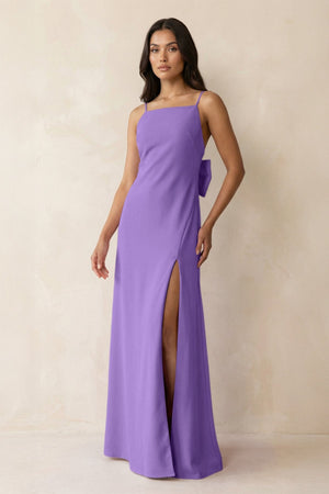 Spaghetti Strap Sheath Satin Bridesmaid Dress with Bow in Lilac - KissProm Bridesmaid Dresses