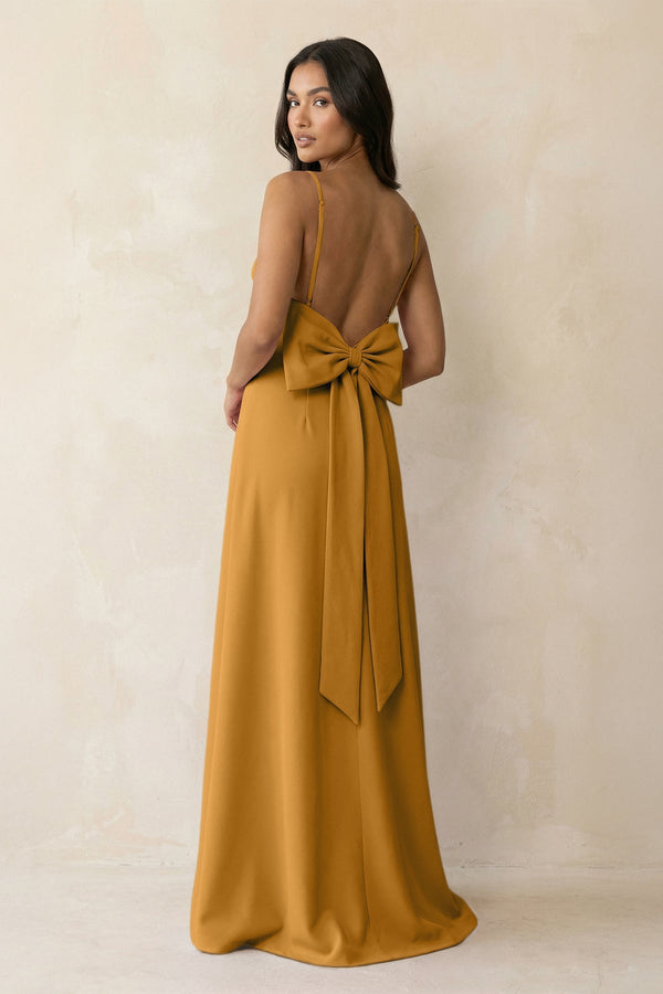 Spaghetti Strap Sheath Satin Bridesmaid Dress with Bow in Marigold - KissProm Bridesmaid Dresses