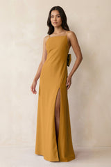 Spaghetti Strap Sheath Satin Bridesmaid Dress with Bow in Marigold - KissProm Bridesmaid Dresses
