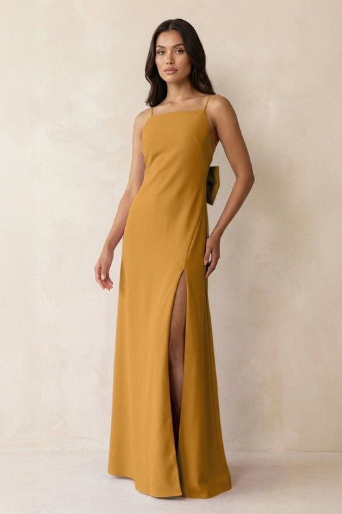 Spaghetti Strap Sheath Satin Bridesmaid Dress with Bow in Marigold - KissProm Bridesmaid Dresses