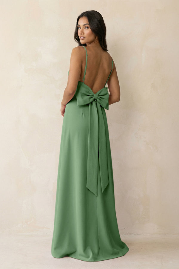 Spaghetti Strap Sheath Satin Bridesmaid Dress with Bow in Matcha - KissProm Bridesmaid Dresses