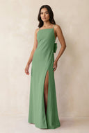 Spaghetti Strap Sheath Satin Bridesmaid Dress with Bow in Matcha - KissProm Bridesmaid Dresses
