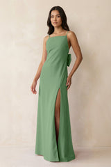 Spaghetti Strap Sheath Satin Bridesmaid Dress with Bow in Matcha - KissProm Bridesmaid Dresses
