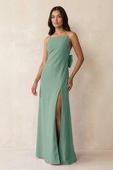 Spaghetti Strap Sheath Satin Bridesmaid Dress with Bow in Mint Green - KissProm Bridesmaid Dresses