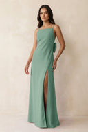 Spaghetti Strap Sheath Satin Bridesmaid Dress with Bow in Mint Green - KissProm Bridesmaid Dresses
