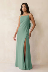 Spaghetti Strap Sheath Satin Bridesmaid Dress with Bow in Mint Green - KissProm Bridesmaid Dresses