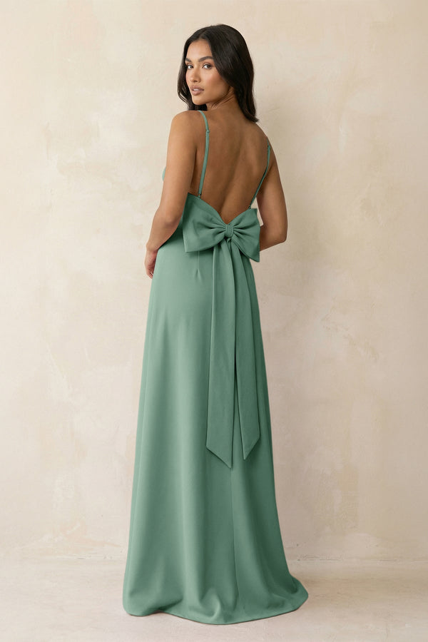 Spaghetti Strap Sheath Satin Bridesmaid Dress with Bow in Mint Green - KissProm Bridesmaid Dresses