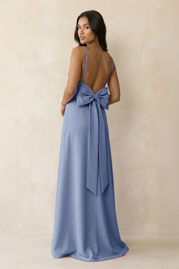 Spaghetti Strap Sheath Satin Bridesmaid Dress with Bow in Mist - KissProm Bridesmaid Dresses