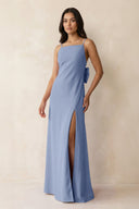 Spaghetti Strap Sheath Satin Bridesmaid Dress with Bow in Mist - KissProm Bridesmaid Dresses