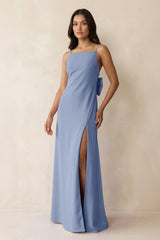 Spaghetti Strap Sheath Satin Bridesmaid Dress with Bow in Mist - KissProm Bridesmaid Dresses