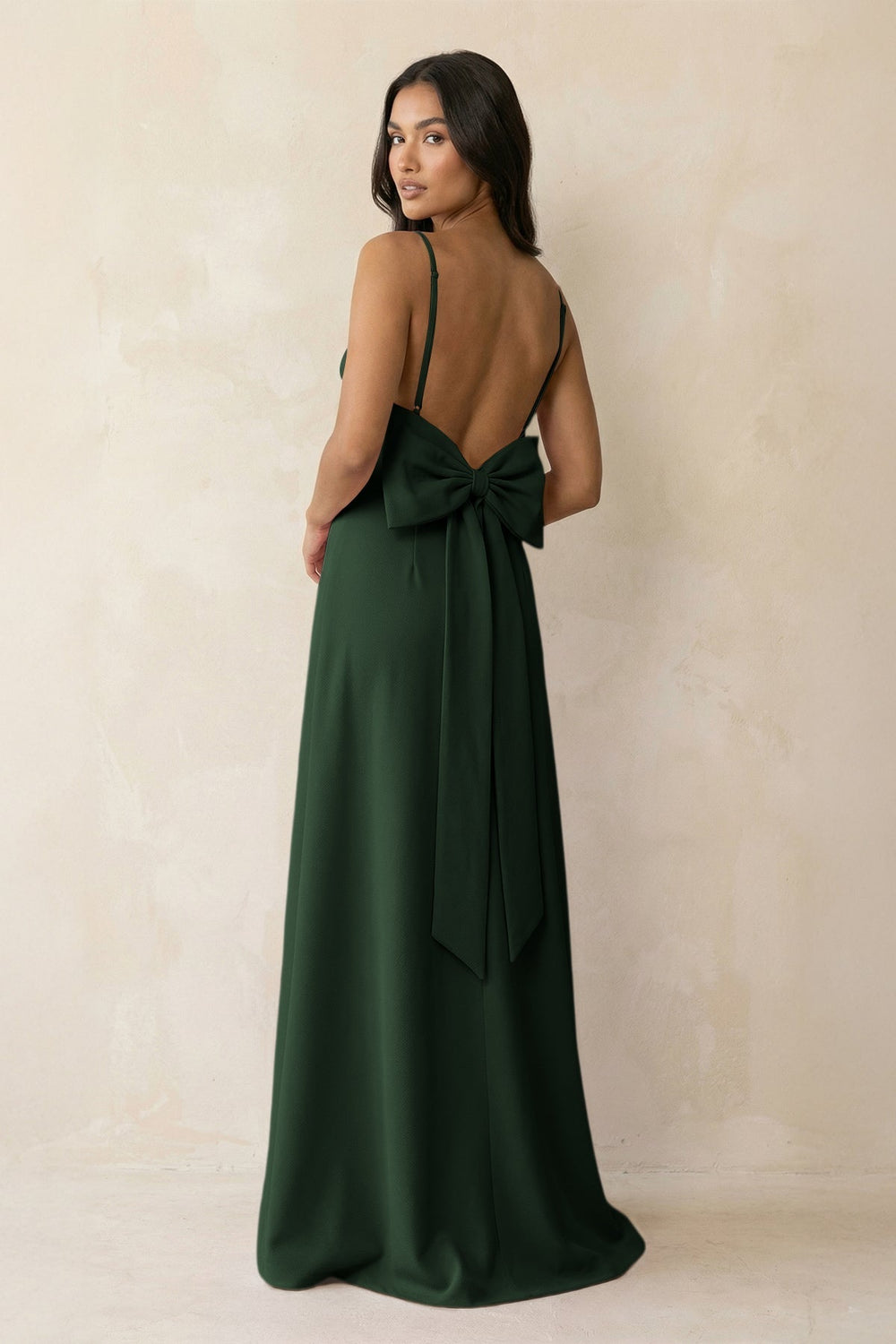 Spaghetti Strap Sheath Satin Bridesmaid Dress with Bow in Moss - KissProm Bridesmaid Dresses