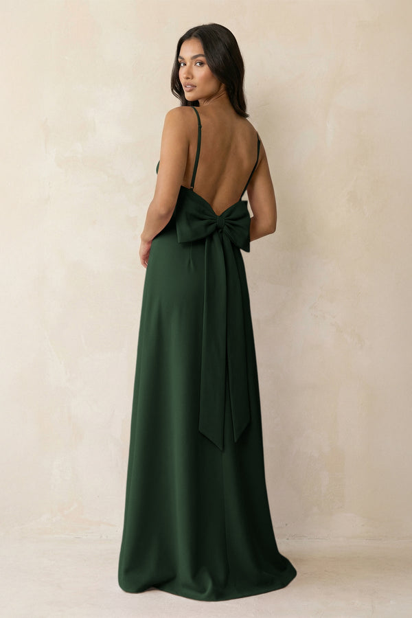 Spaghetti Strap Sheath Satin Bridesmaid Dress with Bow in Moss - KissProm Bridesmaid Dresses