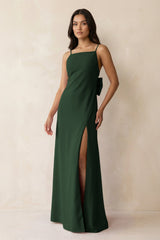 Spaghetti Strap Sheath Satin Bridesmaid Dress with Bow in Moss - KissProm Bridesmaid Dresses