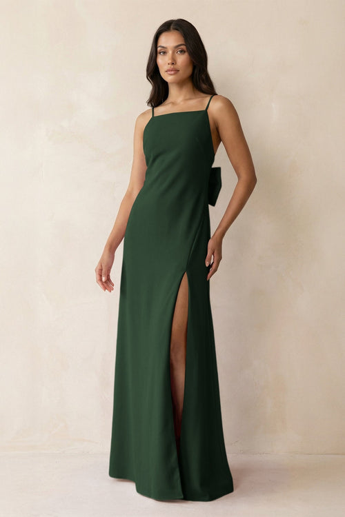 Spaghetti Strap Sheath Satin Bridesmaid Dress with Bow in Moss - KissProm Bridesmaid Dresses