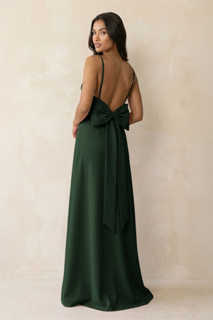 Spaghetti Strap Sheath Satin Bridesmaid Dress with Bow in Moss - KissProm Bridesmaid Dresses