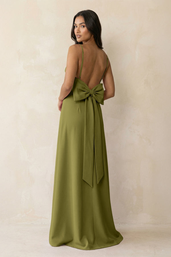 Spaghetti Strap Sheath Satin Bridesmaid Dress with Bow in Moss Green - KissProm Bridesmaid Dresses
