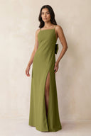 Spaghetti Strap Sheath Satin Bridesmaid Dress with Bow in Moss Green - KissProm Bridesmaid Dresses