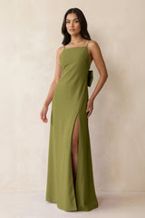 Spaghetti Strap Sheath Satin Bridesmaid Dress with Bow in Moss Green - KissProm Bridesmaid Dresses