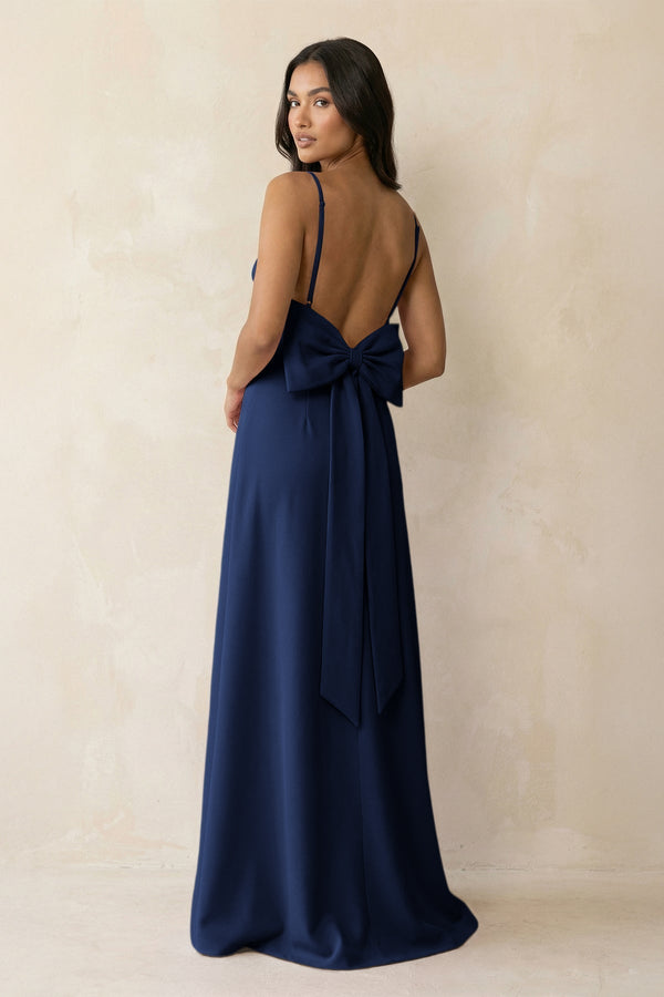 Spaghetti Strap Sheath Satin Bridesmaid Dress with Bow in Navy - KissProm Bridesmaid Dresses