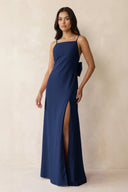 Spaghetti Strap Sheath Satin Bridesmaid Dress with Bow in Navy - KissProm Bridesmaid Dresses