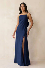 Spaghetti Strap Sheath Satin Bridesmaid Dress with Bow in Navy - KissProm Bridesmaid Dresses