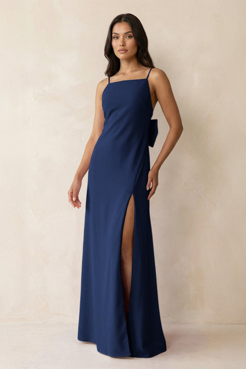 Spaghetti Strap Sheath Satin Bridesmaid Dress with Bow in Navy - KissProm Bridesmaid Dresses