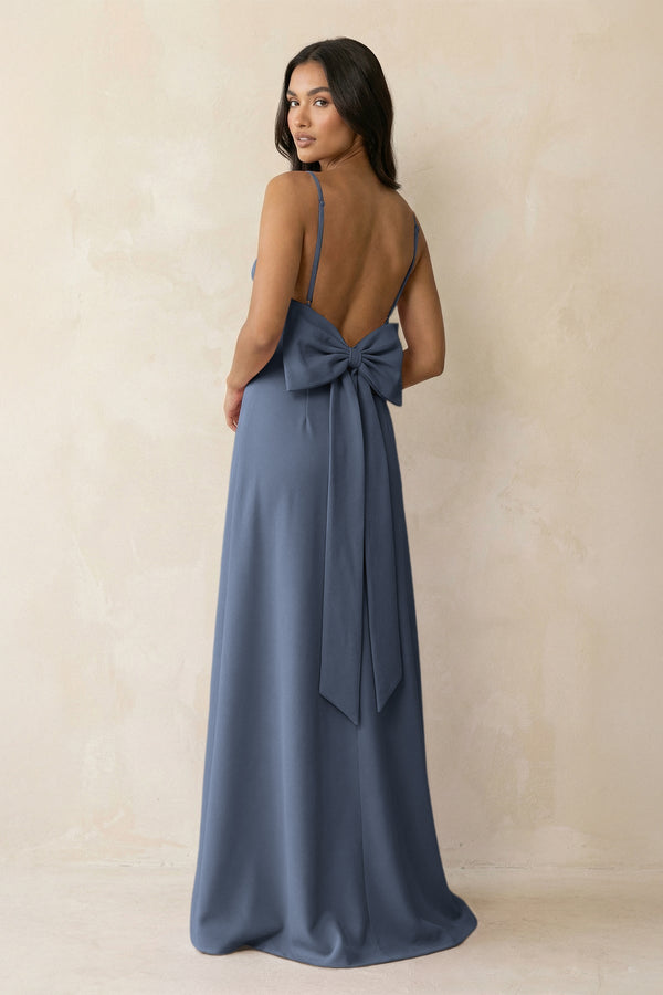Spaghetti Strap Sheath Satin Bridesmaid Dress with Bow in Neptune - KissProm Bridesmaid Dresses