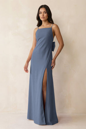 Spaghetti Strap Sheath Satin Bridesmaid Dress with Bow in Neptune - KissProm Bridesmaid Dresses