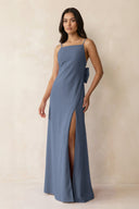 Spaghetti Strap Sheath Satin Bridesmaid Dress with Bow in Neptune - KissProm Bridesmaid Dresses