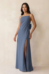 Spaghetti Strap Sheath Satin Bridesmaid Dress with Bow in Neptune - KissProm Bridesmaid Dresses