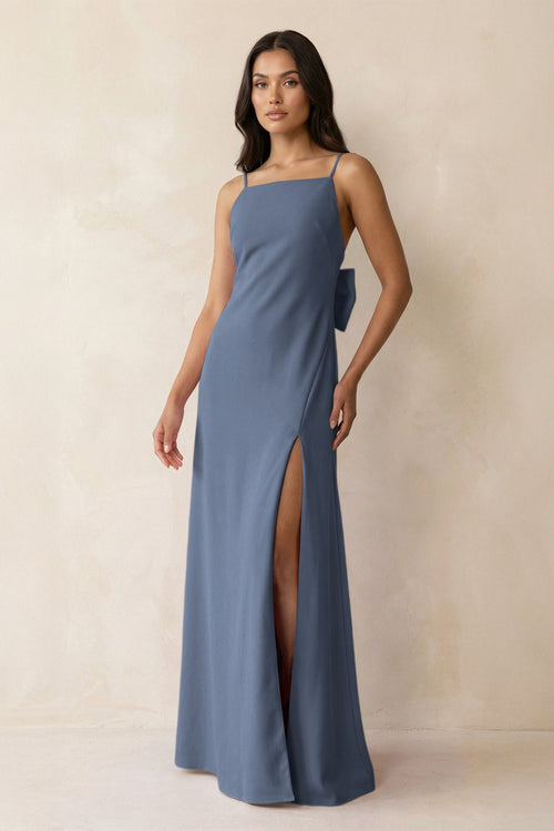 Spaghetti Strap Sheath Satin Bridesmaid Dress with Bow in Neptune - KissProm Bridesmaid Dresses